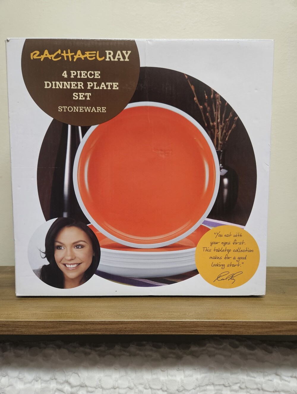 Rachael Ray Rise Orange White Trim Stoneware 4-Piece Dinner Plate Set 11"